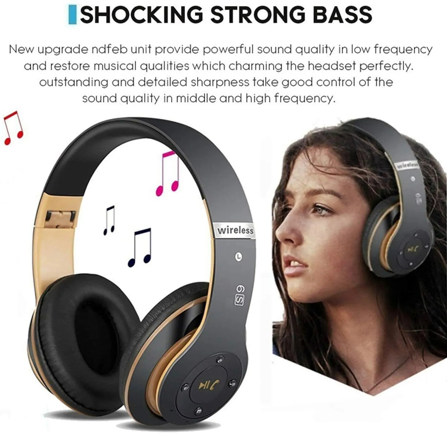 Black and Gold Bluetooth Headphones with Noise Cancelling