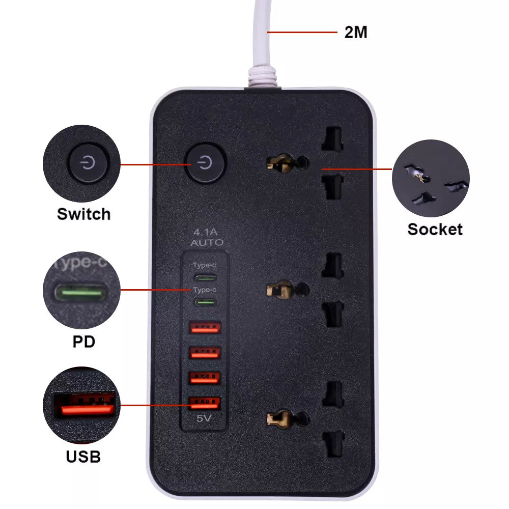 3 Gang way 2m Extension Lead with 4 USB and 2 Type-C Slots