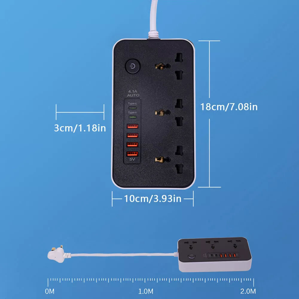 3 Gang way 2m Extension Lead with 4 USB and 2 Type-C Slots