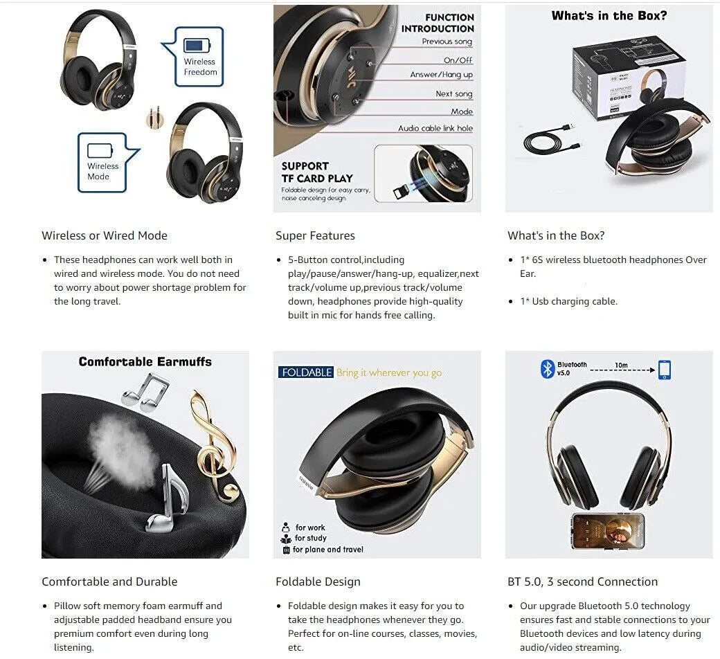 Black and Gold Bluetooth Headphones with Noise Cancelling